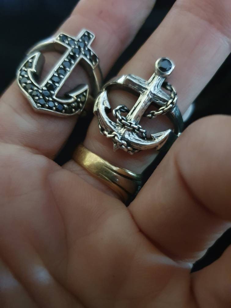 anchor ring black stone nautical sailor rockabilly wedding sterling silver ring