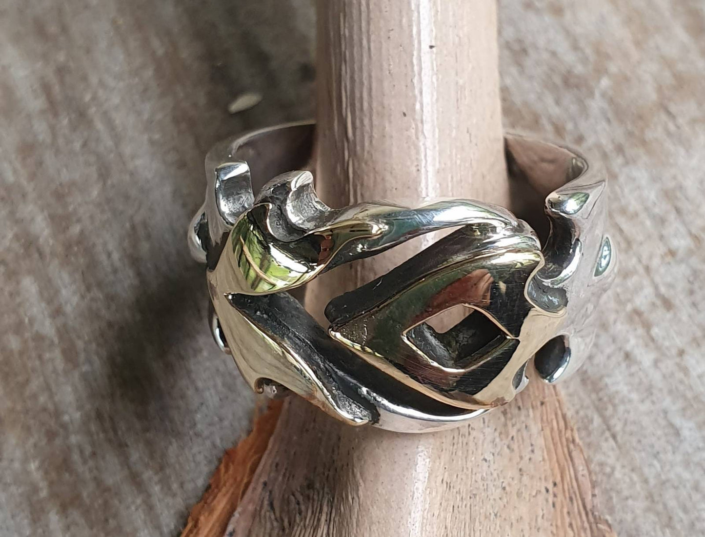 Two tone ring,9k gold/sterling silver, medieval, tribal,unisex ring,boho,hand made,swirl,industrial,viking,steampunk