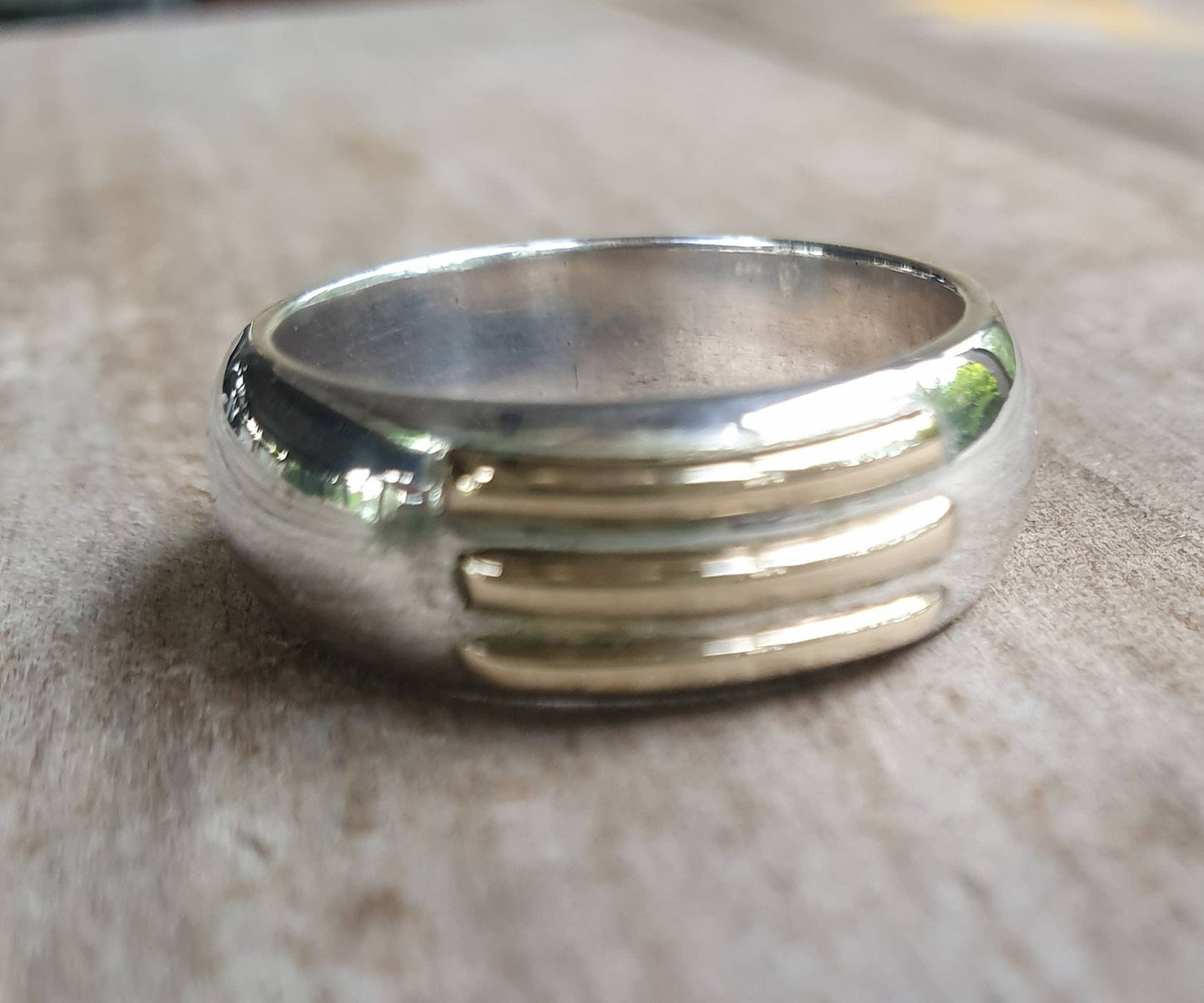 two tone ring,9ct gold on sterling silver,plain modern band,gold and silver wedding ring,handmade silver band