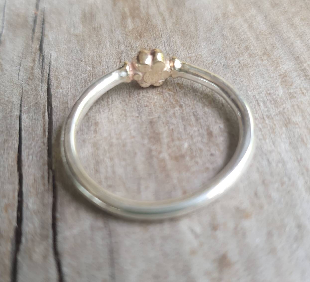 Two tone stacking ring,solid 9k gold bead and sterling silver,thin flower ring,