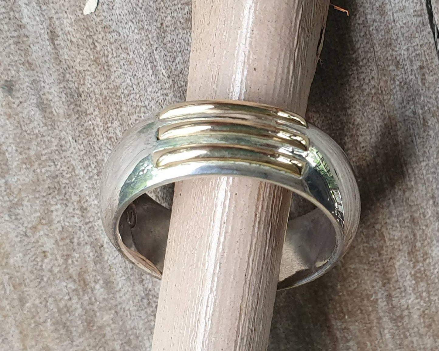 two tone ring,9ct gold on sterling silver,plain modern band,gold and silver wedding ring,handmade silver band