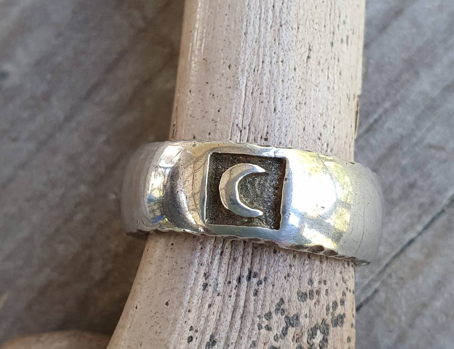 Moon ring,sterling silver,crecent moon,solid band with rustic sides band,goddess ring,