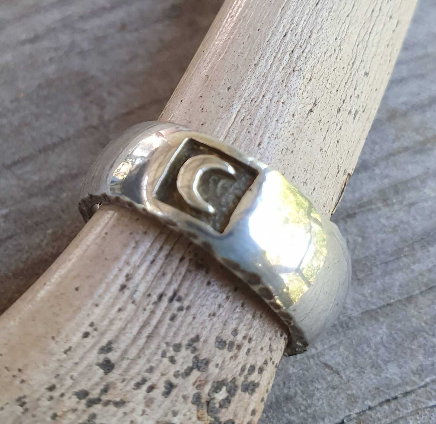 Moon ring,sterling silver,crecent moon,solid band with rustic sides band,goddess ring,