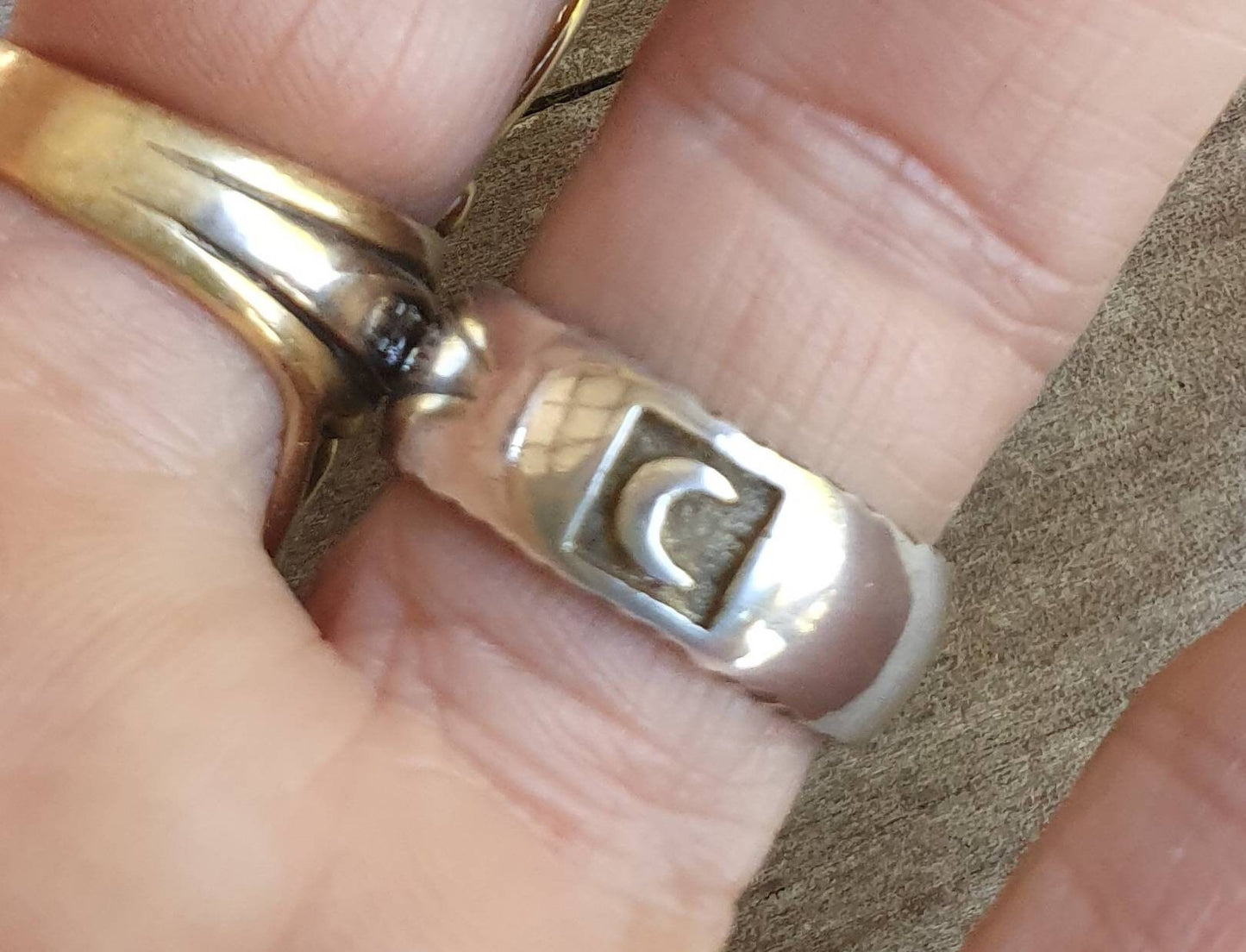 Moon ring,sterling silver,crecent moon,solid band with rustic sides band,goddess ring,