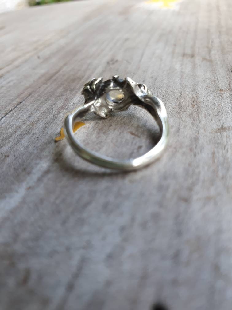 Rose ring,Rainbow moonstone ring,sterling silver,ornate flower,boho,art nouveau,victorian,vintage,handmade,gypsy,goddess