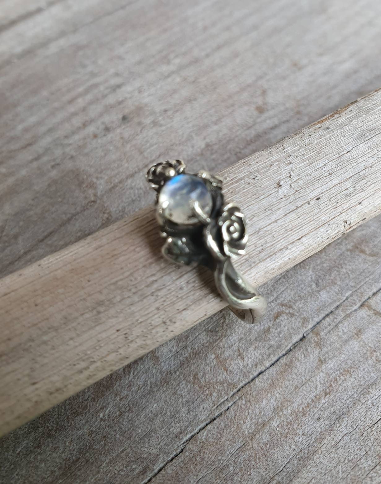 Rose ring,Rainbow moonstone ring,sterling silver,ornate flower,boho,art nouveau,victorian,vintage,handmade,gypsy,goddess