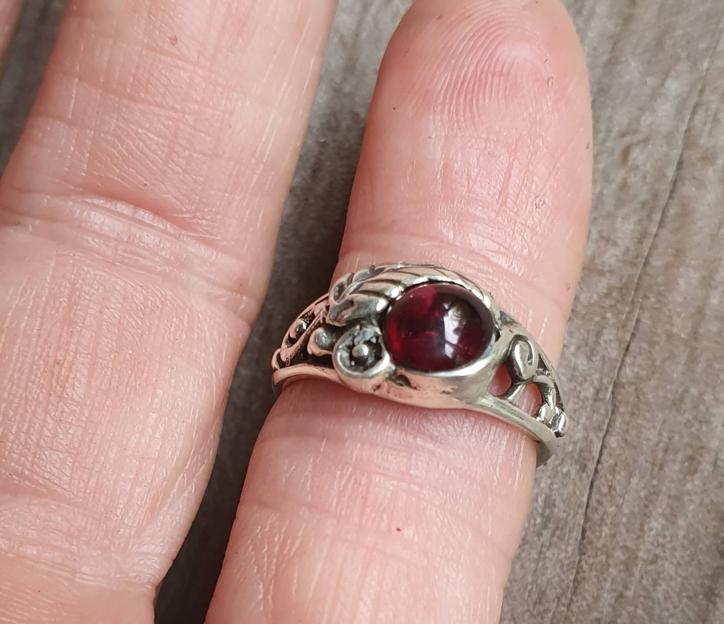 Rose garnet ring,sterling silver flower ring, leaf,vine,boho,art nouveau,victorian,vintage,handmade,gypsy,goddess,women fashion