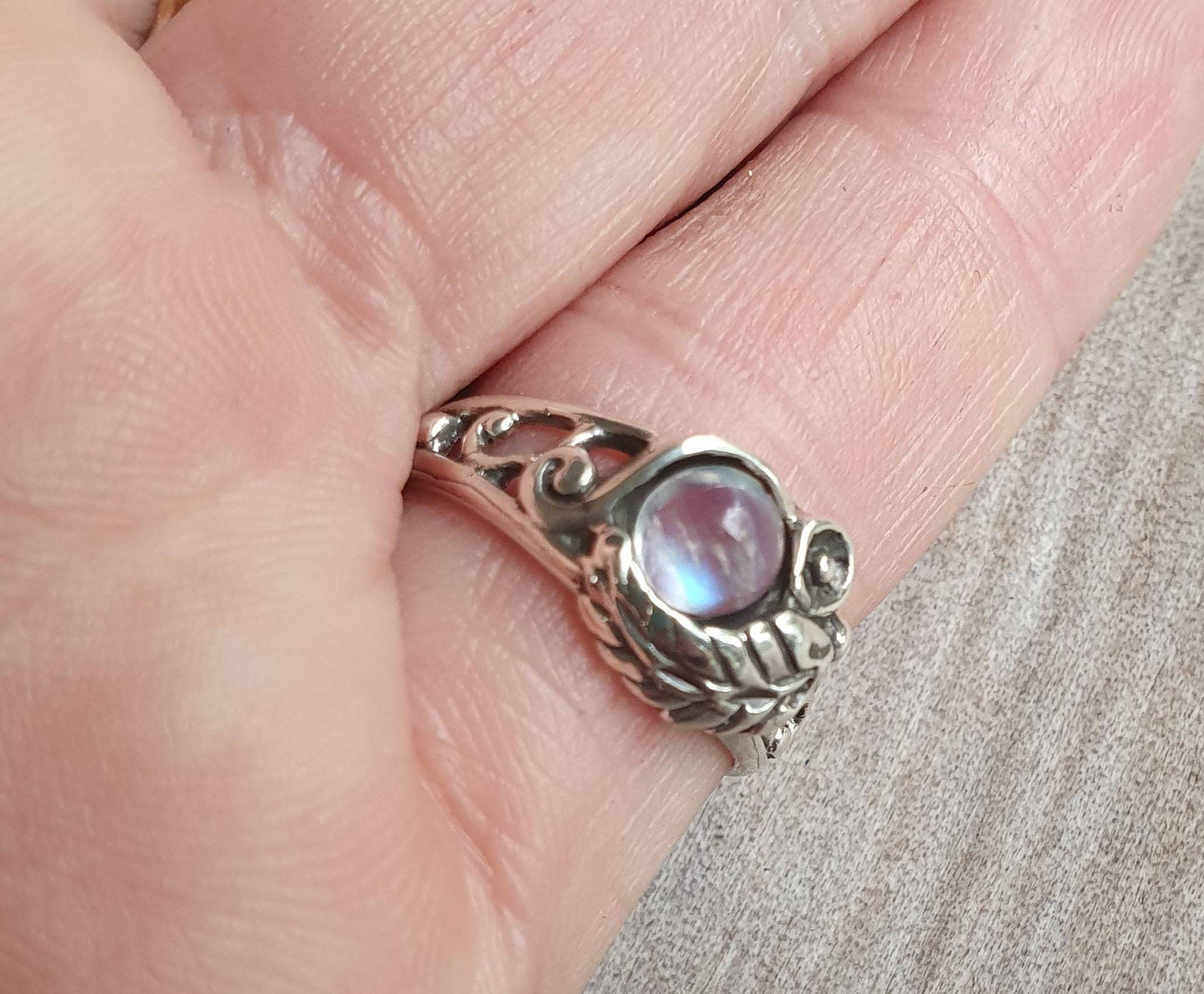 Rose ring,Rainbow moonstone ring,sterling silver,ornate flower leaf,vine,boho,art nouveau,victorian,vintage,handmade,gypsy,goddess,