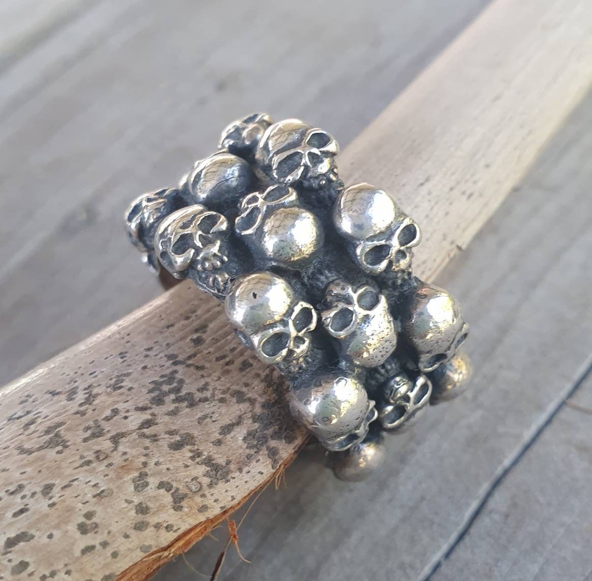 Skull ring,sterling silver,chunky continuous band, steampunk,gothic,chunky ring,skeleton, punk,hipster,handmade,biker,gangster,pirate