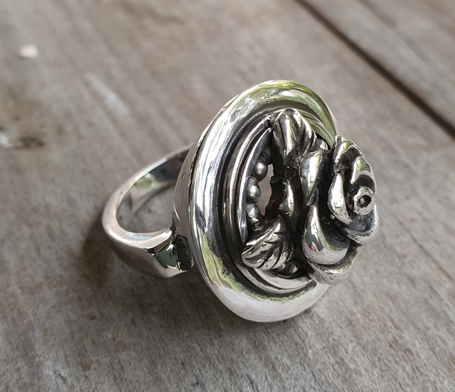 Large rose ring,sterling silver,round rose ring,alternative steampunk gothic art nouveau victorian