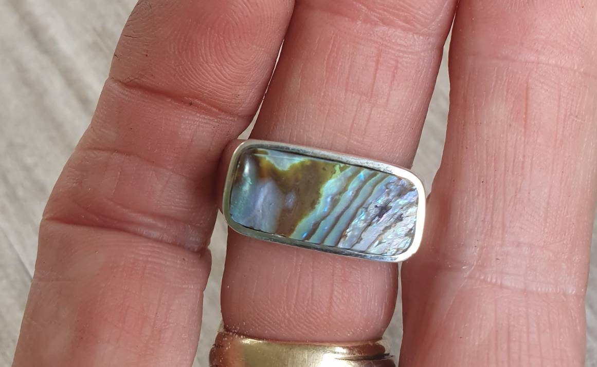 Rectangle ring,paua shell ring,sterling silver,chunky abalone,handmade,Micheal Hutchence tribute,plain silver signet,unisex