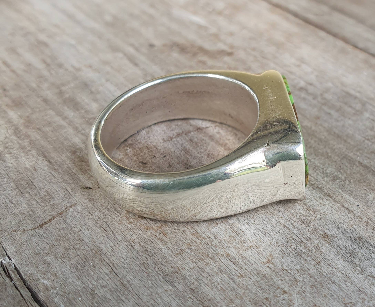 Rectangle ring,turquoise green mohave,sterling silver,chunky handmade,Micheal Hutchence tribute,plain silver signet,unisex
