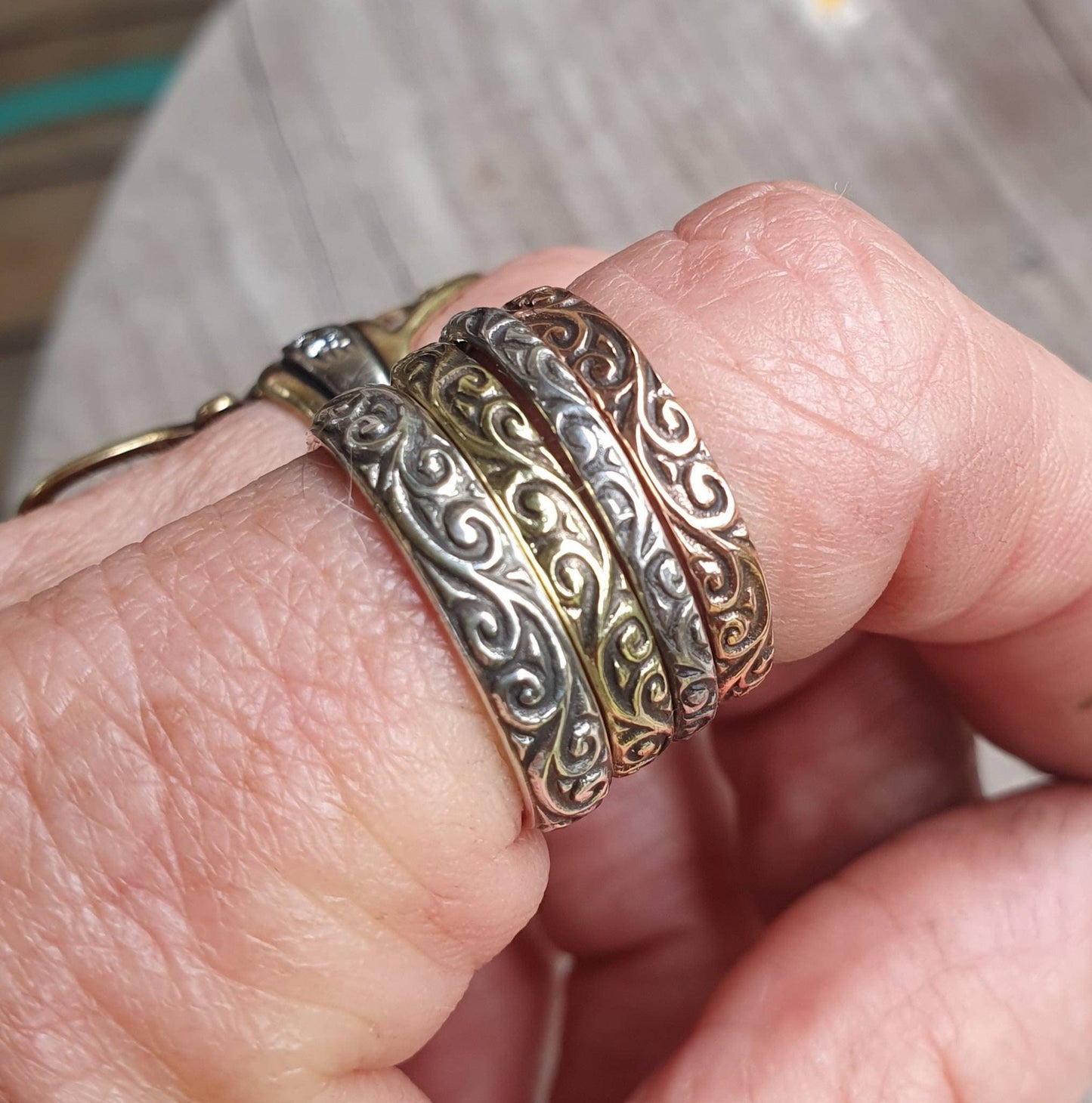 stackers,decorative vintage three tone style bands,sterling silver,brass,copper,handmade,boho vintage scroll,Victorian pattern ring,