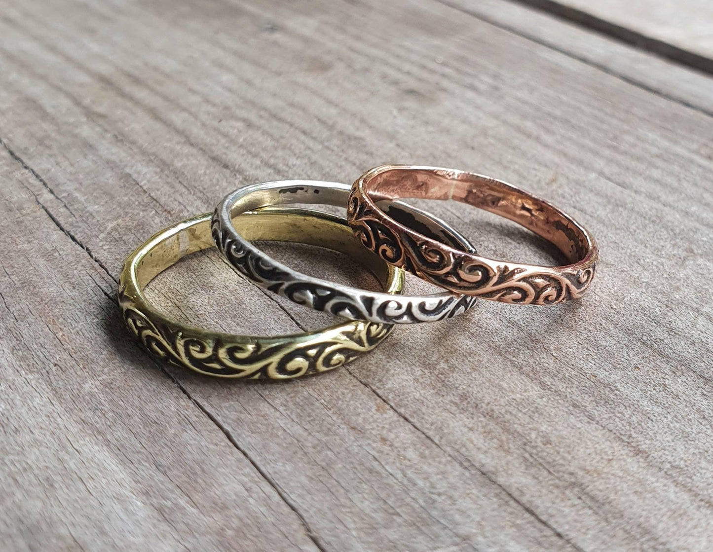 stackers,decorative vintage three tone style bands,sterling silver,brass,copper,handmade,boho vintage scroll,Victorian pattern ring,