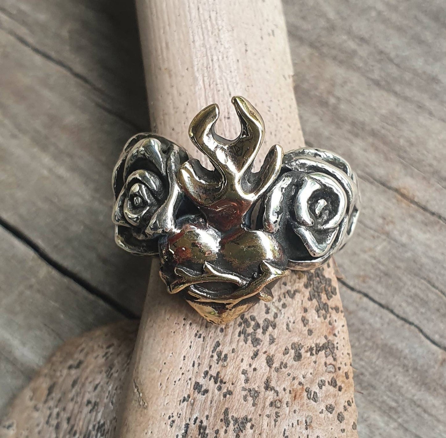 sacred heart ring,two tone,sterling silver & gold brass,rose ring,rockabiily, steampunk,hipster, gothic ,punk,
