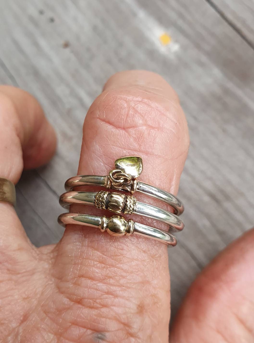 Two tone flower stacking ring solid 9k gold and sterling silver thin 9ct gold mixed metal stacker band stackable