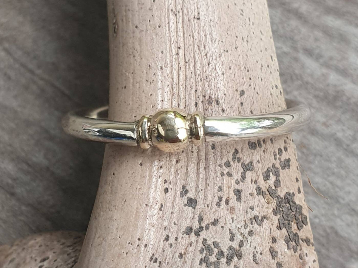 Two tone stacking ring,9k gold vintage bead on a sterling silver band,thin halo mixed metal stacker band