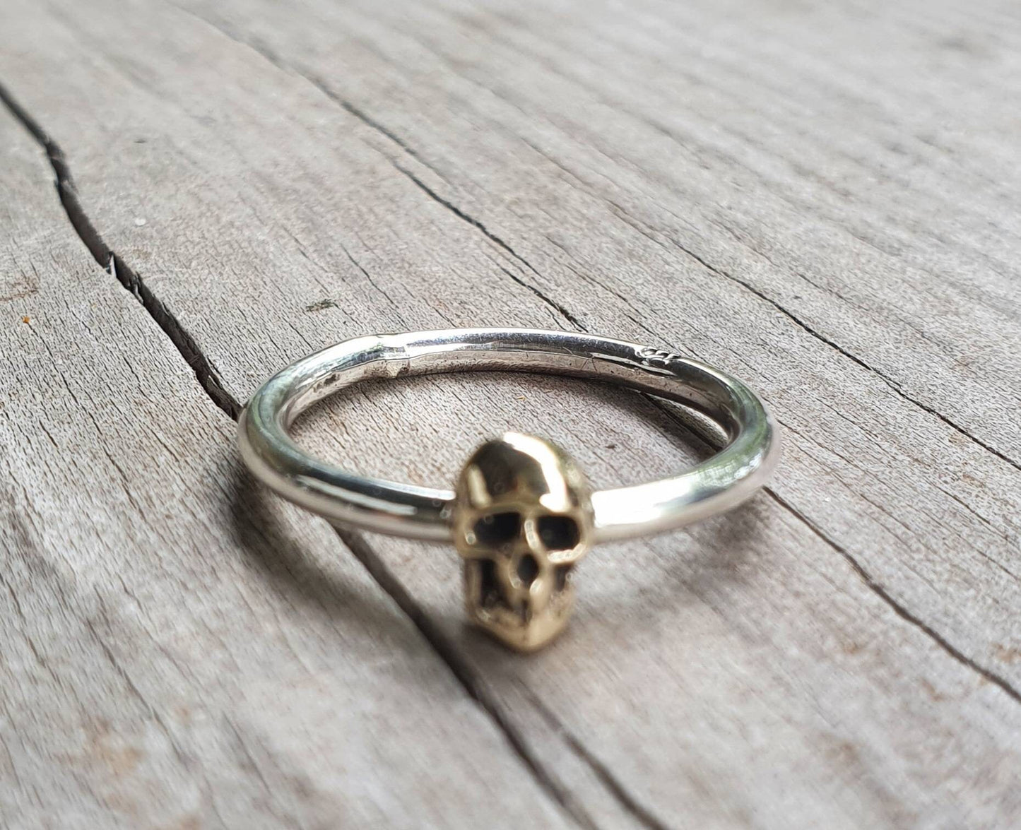 Gold skull ring,two tone,9k gold skull on a sterling silver band, gothic,punk,women's skull,mixed metal ring pinkie,handmade,boho,rockabilly