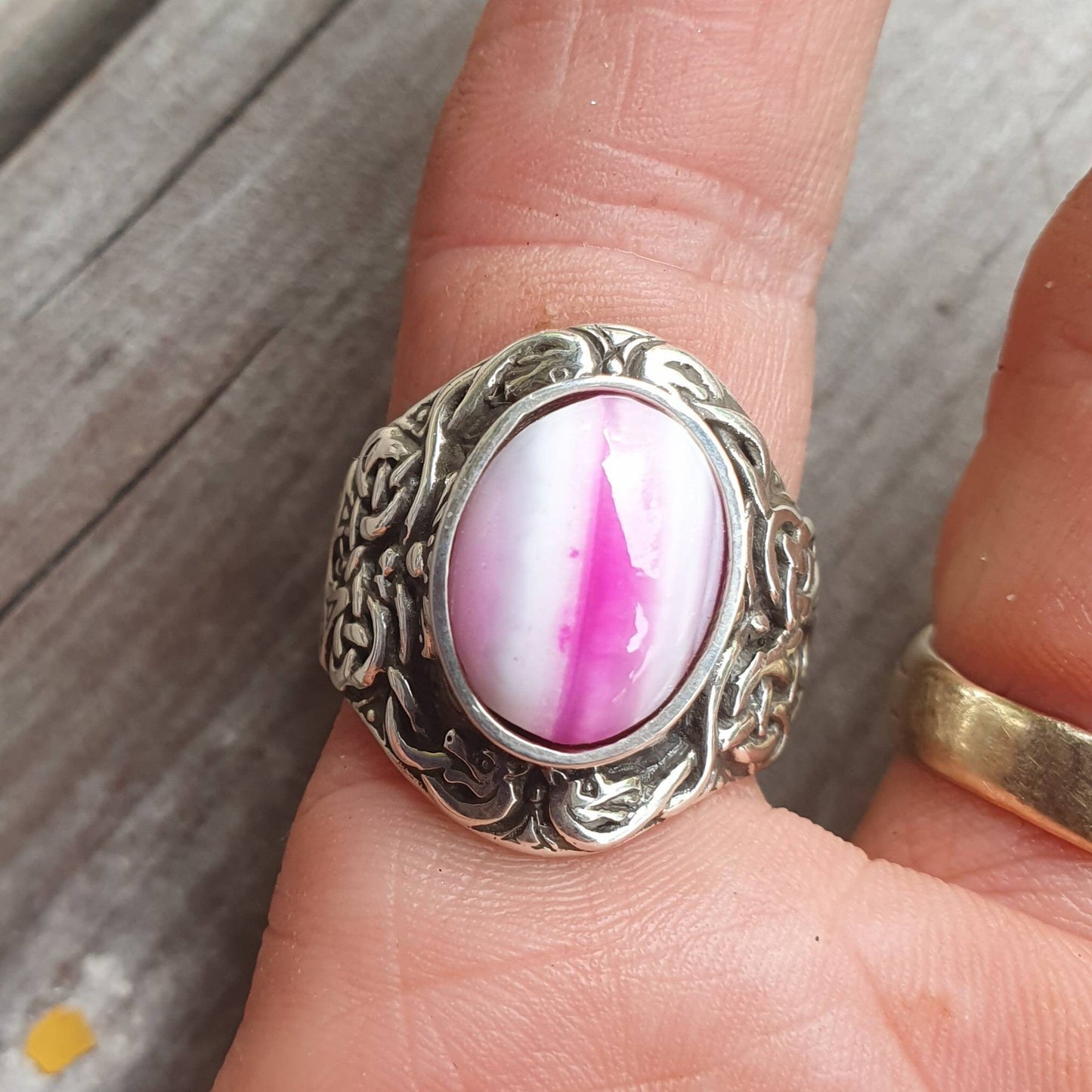 celtic ring,pink banded agate,sterling silver, tribal,dress ring, wedding,boho gemstone,large stone ring
