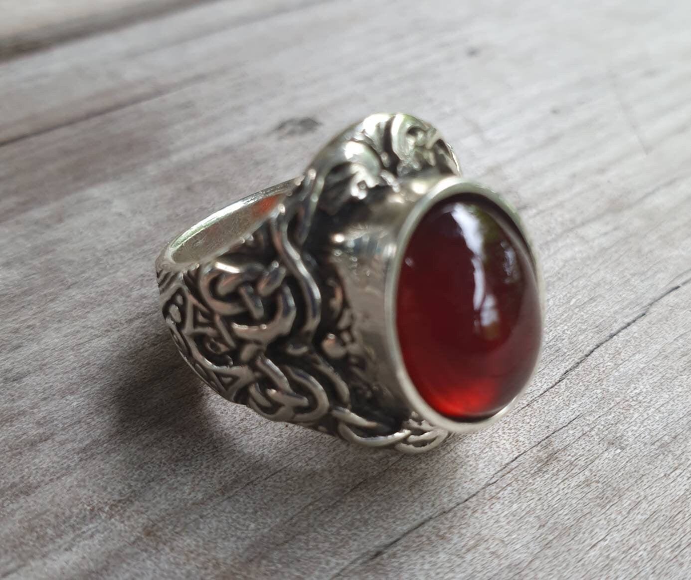 Garnet celtic,sterling silver,long. tribal,dress ring, wedding,boho gemstone,large stone ring