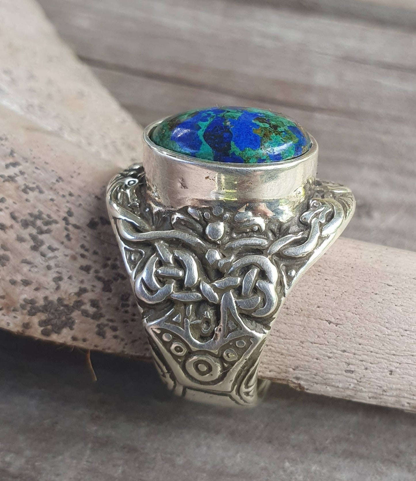 Silver celtic ring,azurite,sterling silver,long. tribal,dress ring, wedding,boho gemstone,large stone ring