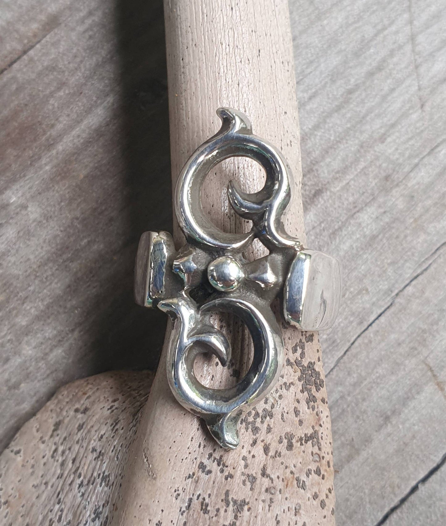 Long silver ring,handmade sterling silver,vintage style scroll,boho,