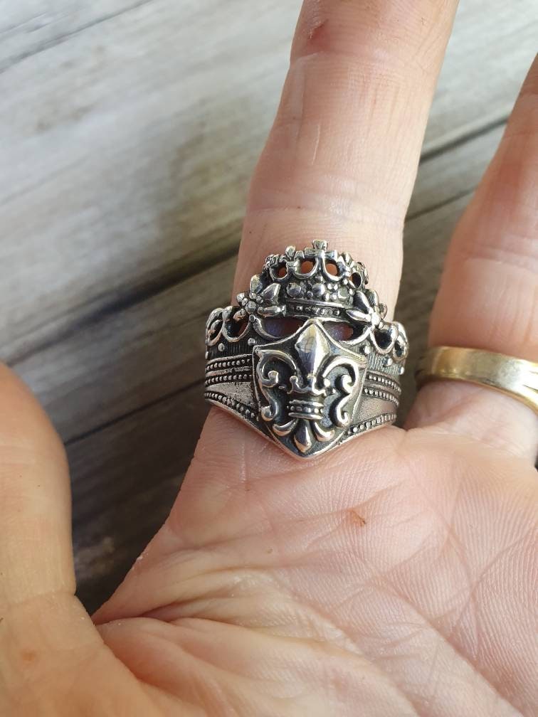 fleur de lis ornate crown ring,sterling silver,steampunk victorian ring