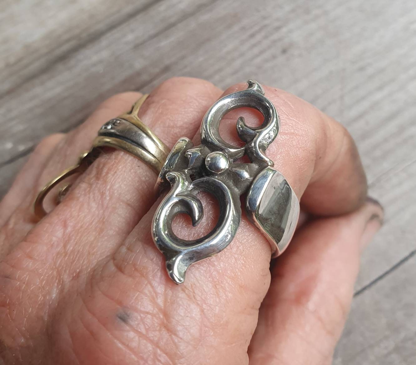 Long silver ring,handmade sterling silver,vintage style scroll,boho,