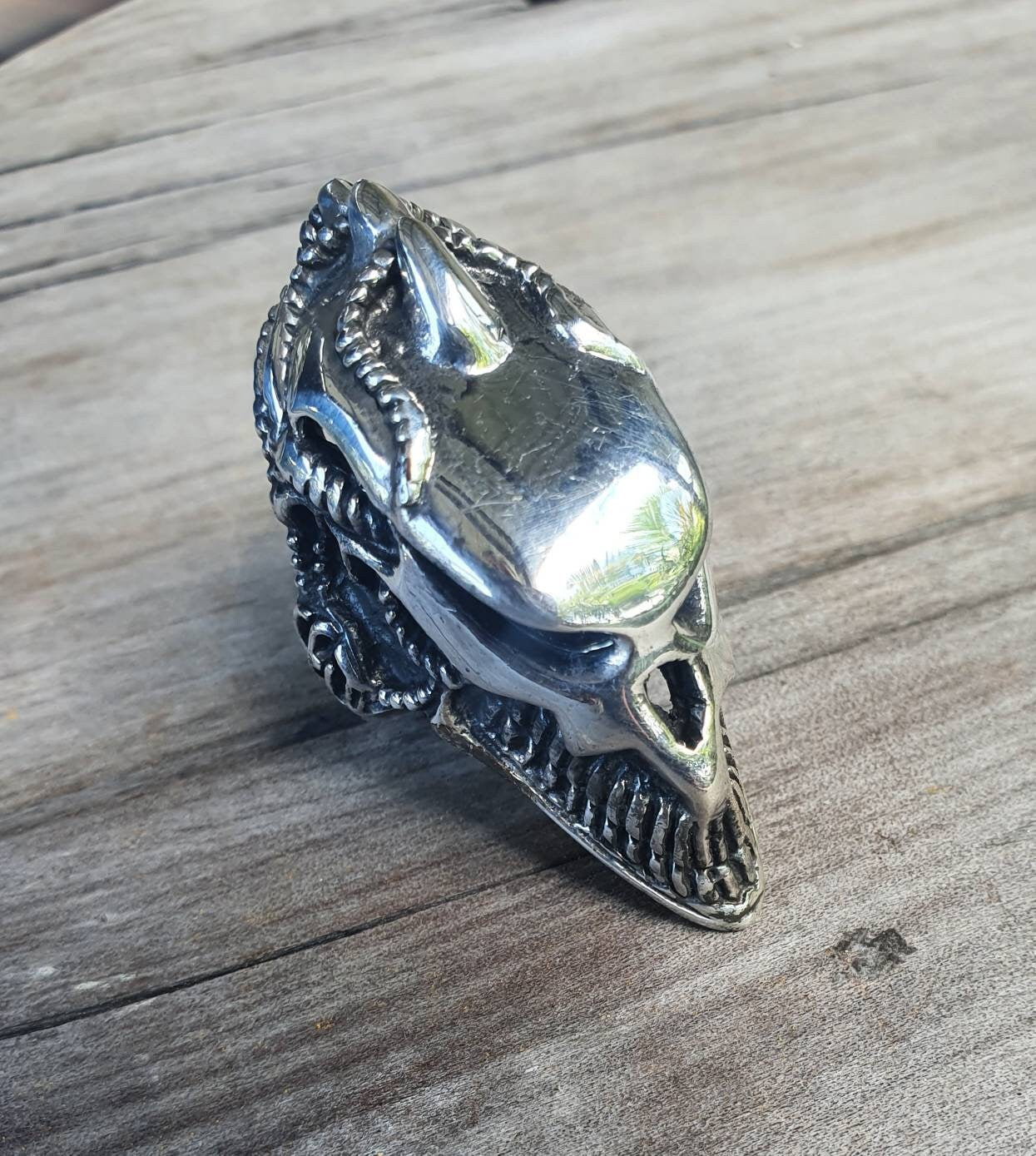 Large skull ring,Alien ring,sterling silver,Geiger,chunky, steampunk,greek mythology,gothic, punk,large ring,long silver ring,medieval