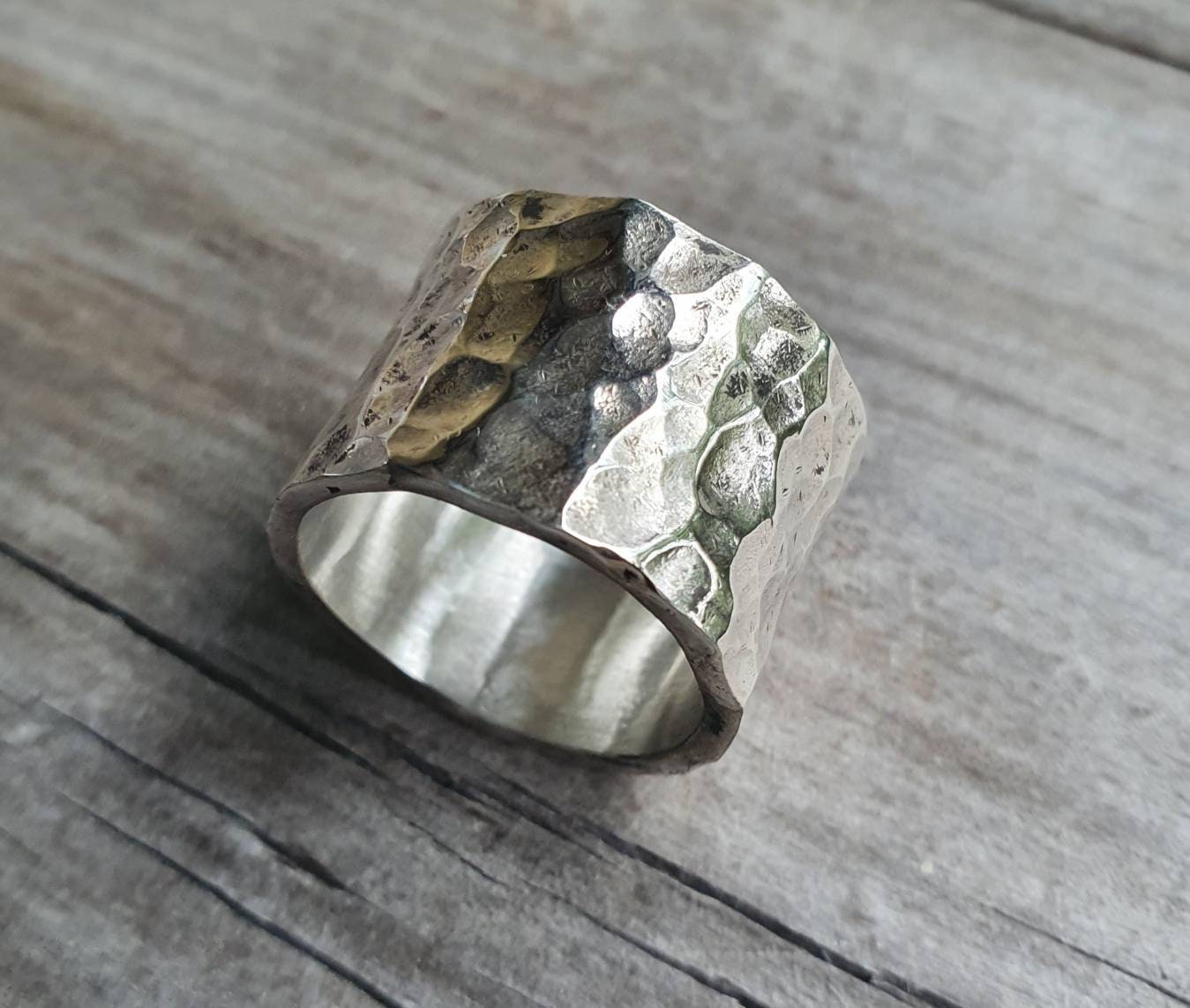 Wide silver ring,hammered sterling silver,heavy rustic,unisex band,thumb ring,handmade,wedding ring,distressed,industrial ring,nugget,boho