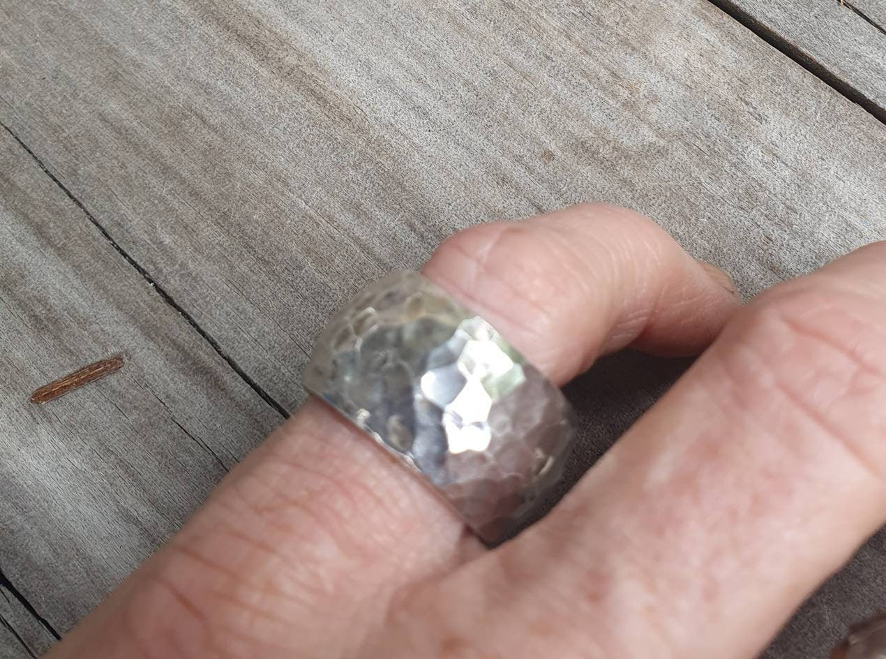 Chunky ring,12mm Wide band,heavy,sterling silver,rustic, hammered, wedding,dress ring,handmade,half round,vintage,rough band,boho,steampunk