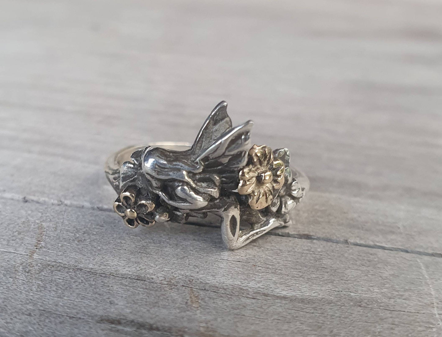 Small fairy ring,9ct gold flowers with sterling silver faery pixie,woodland,new age, fantasy,angel,magic,boho,nymph,women's fashion,goddess