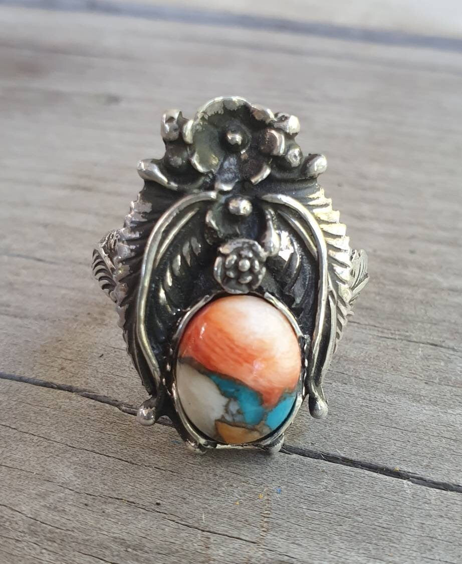 Mohave long ring, mohave turq oyster copper stone,sterling silver,Navajo Indian style,flower,leaf,boho,gypsy,tribal,handmade,women's fashion
