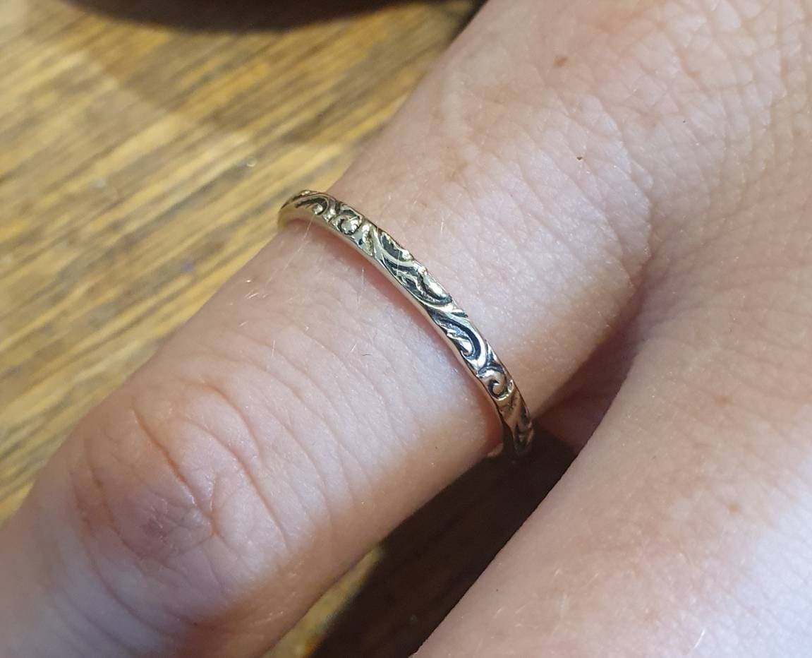 gold ring ,solid 9k gold,2mm Stackerable ring,thin vintage solid gold band design,fine and danity,victorian scroll,boho,pinkie ring