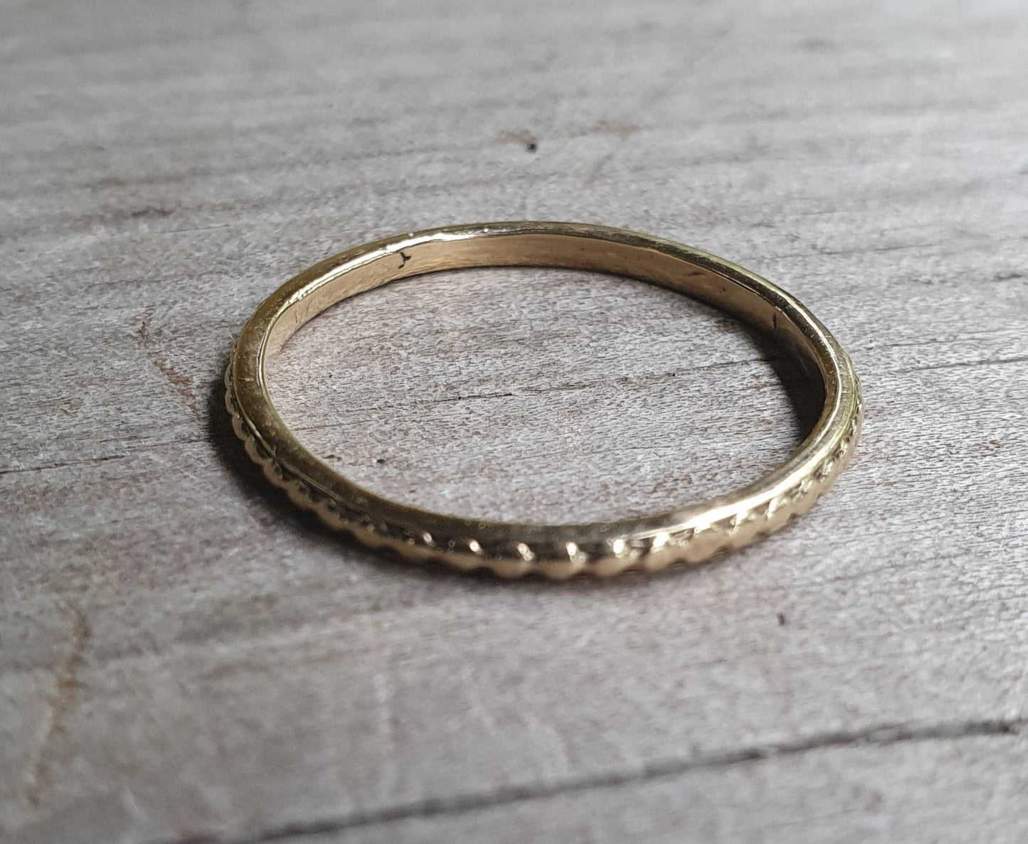 9k gold Stackerable ring,thin solid gold band,fine and danity bead pattern,boho,pinkie ring