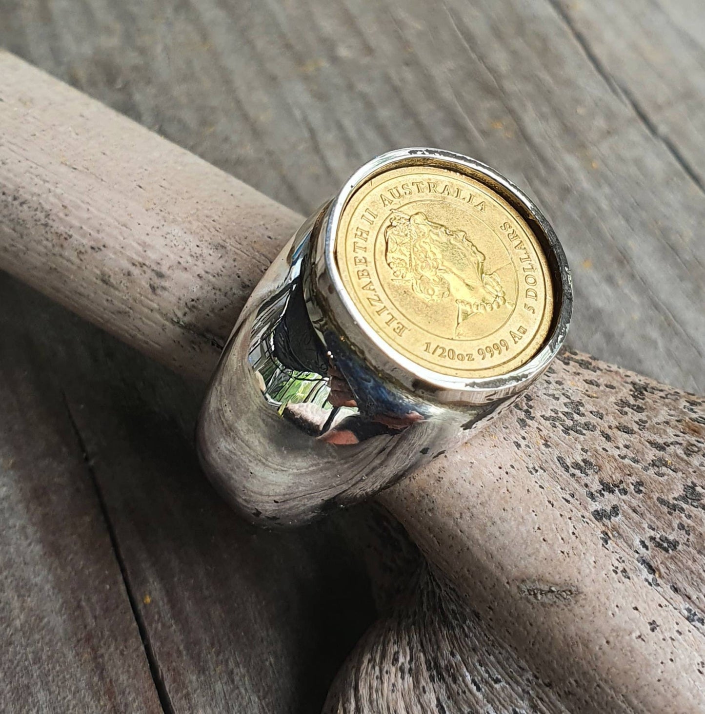 Coin ring,1/20 onze gold coin 2022 ,year of the tiger ,Perth mint, set in sterling silver chunky ring,boho,handmade, retro ring,modern,