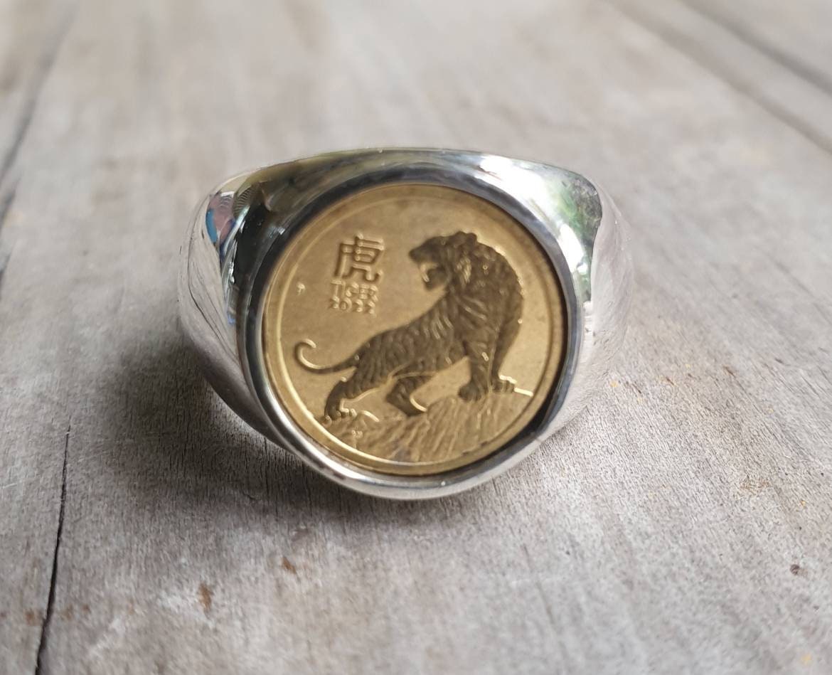 Coin ring,1/20 onze gold coin 2022 ,year of the tiger ,Perth mint, set in sterling silver chunky ring,boho,handmade, retro ring,modern,
