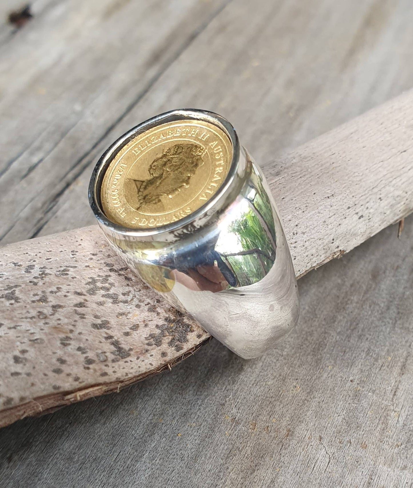 Coin ring,1/20 onze gold coin 2022 ,year of the tiger ,Perth mint, set in sterling silver chunky ring,boho,handmade, retro ring,modern,