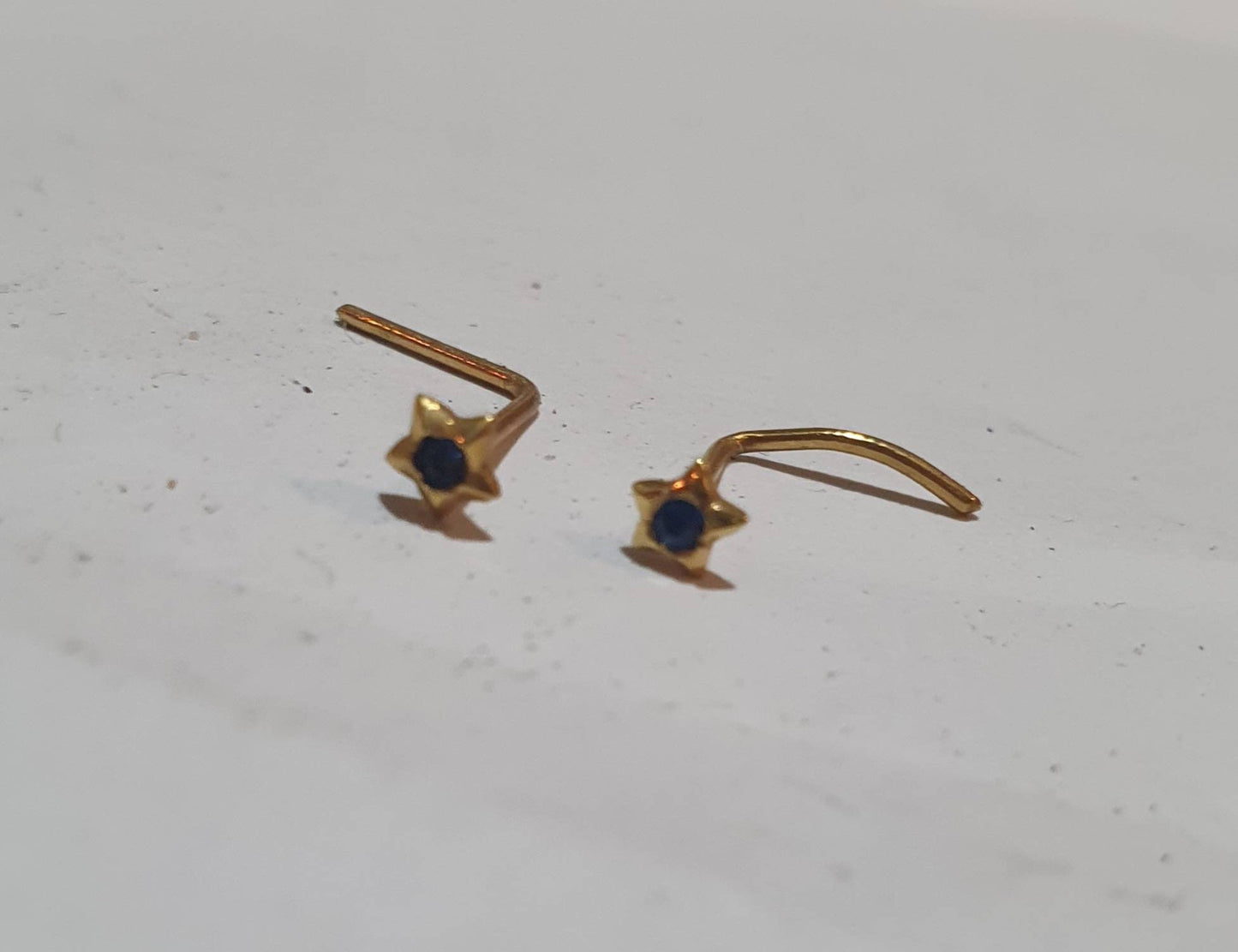Gold star nose stud,solid 18ct gold,crystal gem star,20 gauge,nose curl, L shape,