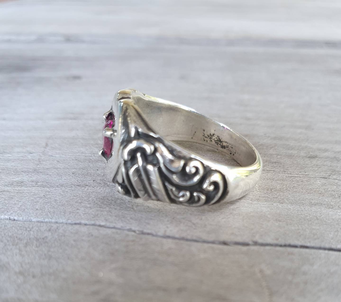 heart ring,red cz,Sterling silver,cubic zirconia,cupid arrows,vintage steampunk,signet,art nouveau,handmade,boho,hipster,goddess,scroll,