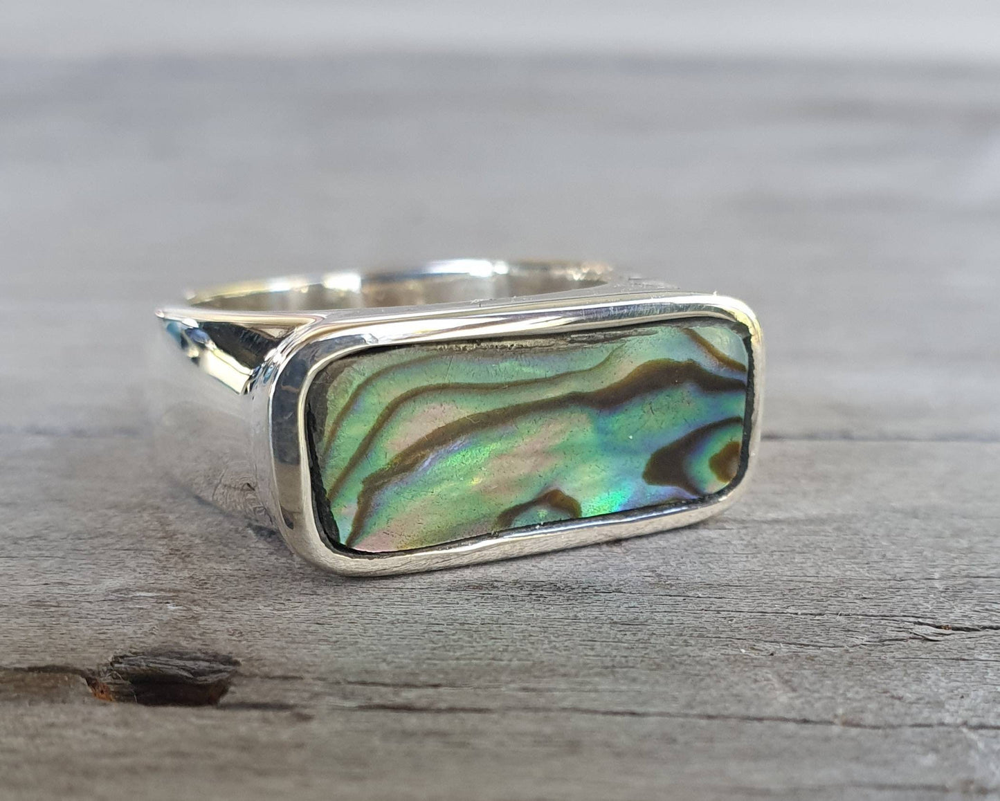 Rectangle ring,paua shell ring,sterling silver,chunky abalone,handmade,Micheal Hutchence tribute,plain silver signet,unisex