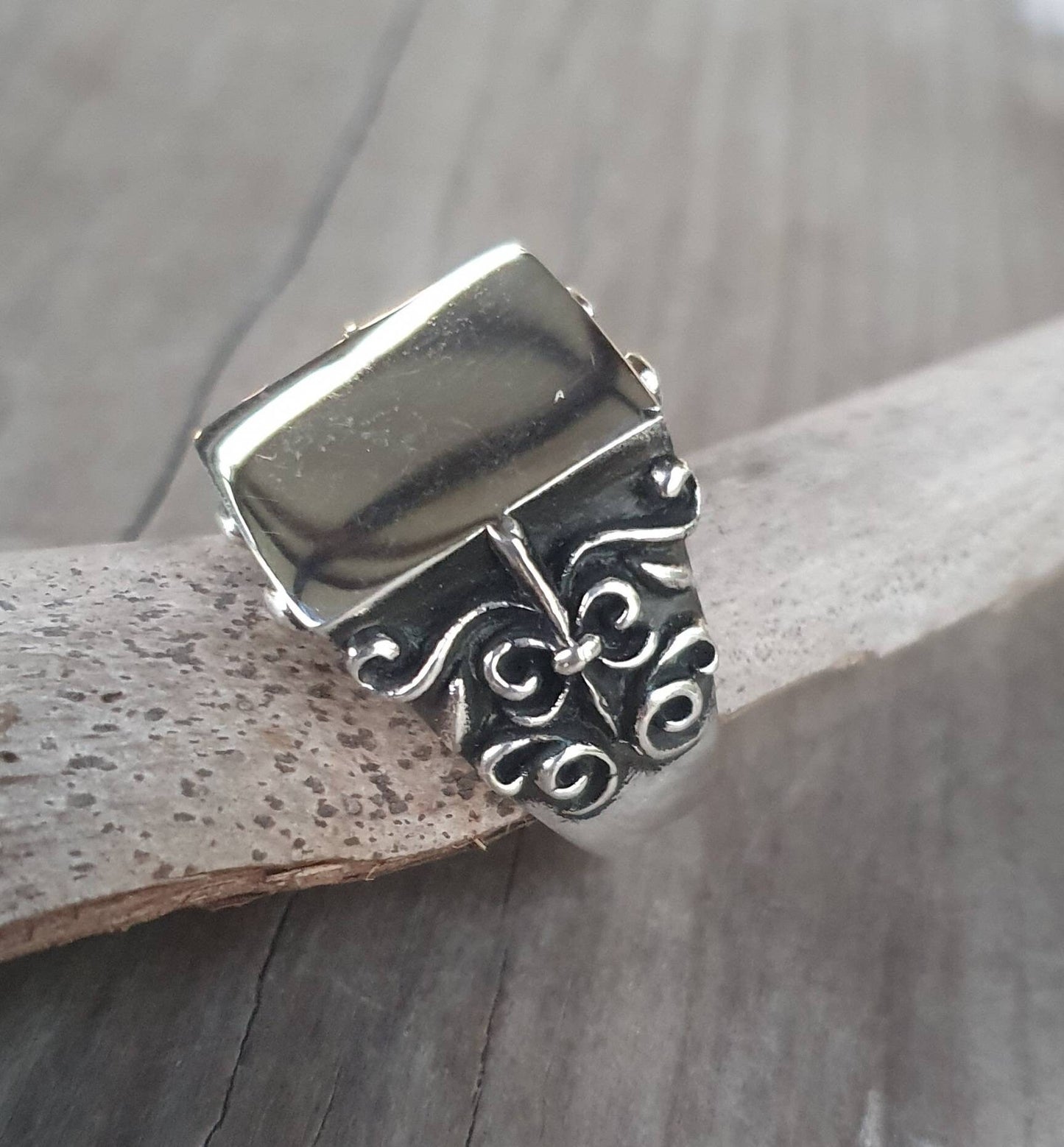 Large signet ring,sterling silver,mans rectangle filegree, scroll,square top ring,handmade,baroque,mans dress ring, steampunk,grunge,boho