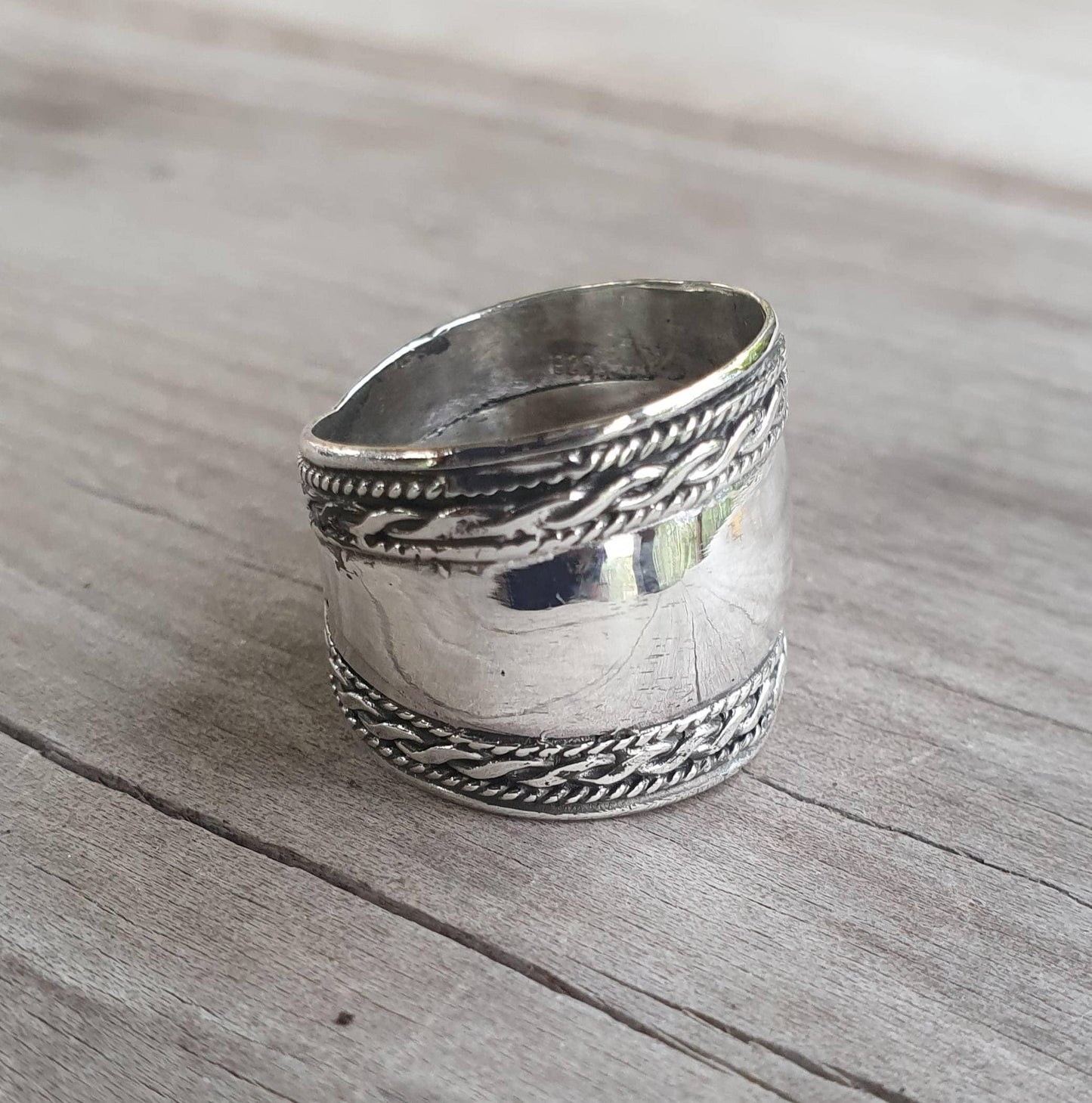 Wide long ring,sterling silver,rounded band,wedding,twisted wire sides.