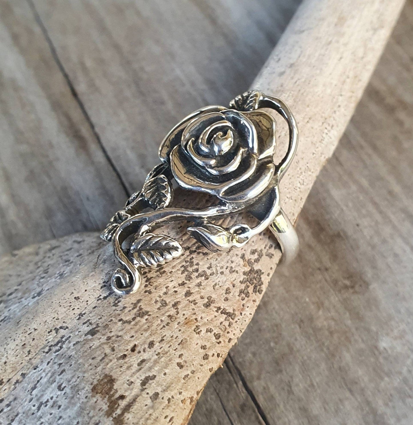 Long rose ring ,sterling silver, alternative,steampunk,gothic, art nouveau,Victorian,hand made,flower,goddess,boho gypsy,organic,Rose tattoo