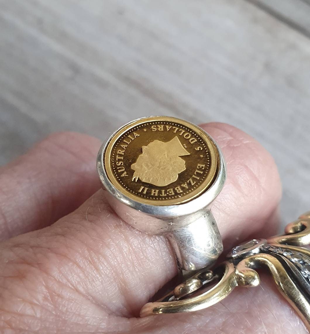 Coin ring,1/20 onze gold coin 2012 year of the dragon,Perth mint,sterling silver ring,boho,handmade, retro ring,modern,