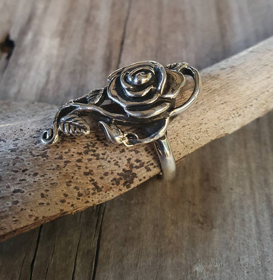 Long rose ring ,sterling silver, alternative,steampunk,gothic, art nouveau,Victorian,hand made,flower,goddess,boho gypsy,organic,Rose tattoo