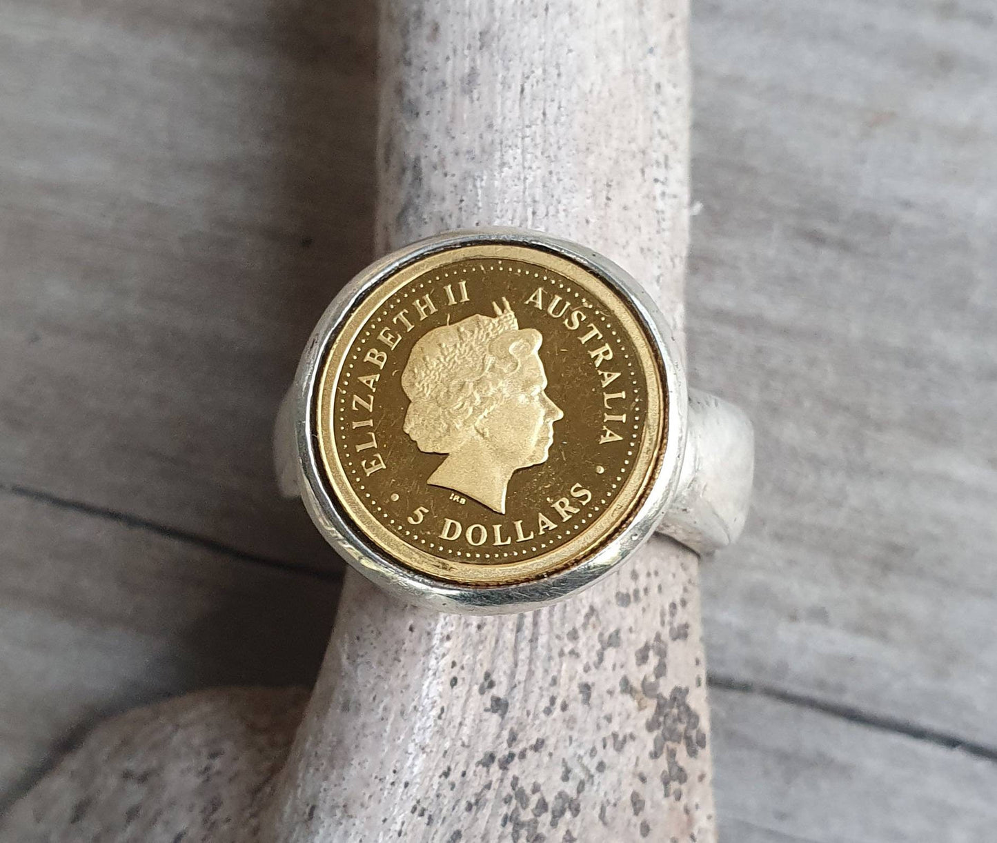 Coin ring,1/20 onze gold coin 2012 year of the dragon,Perth mint,sterling silver ring,boho,handmade, retro ring,modern,