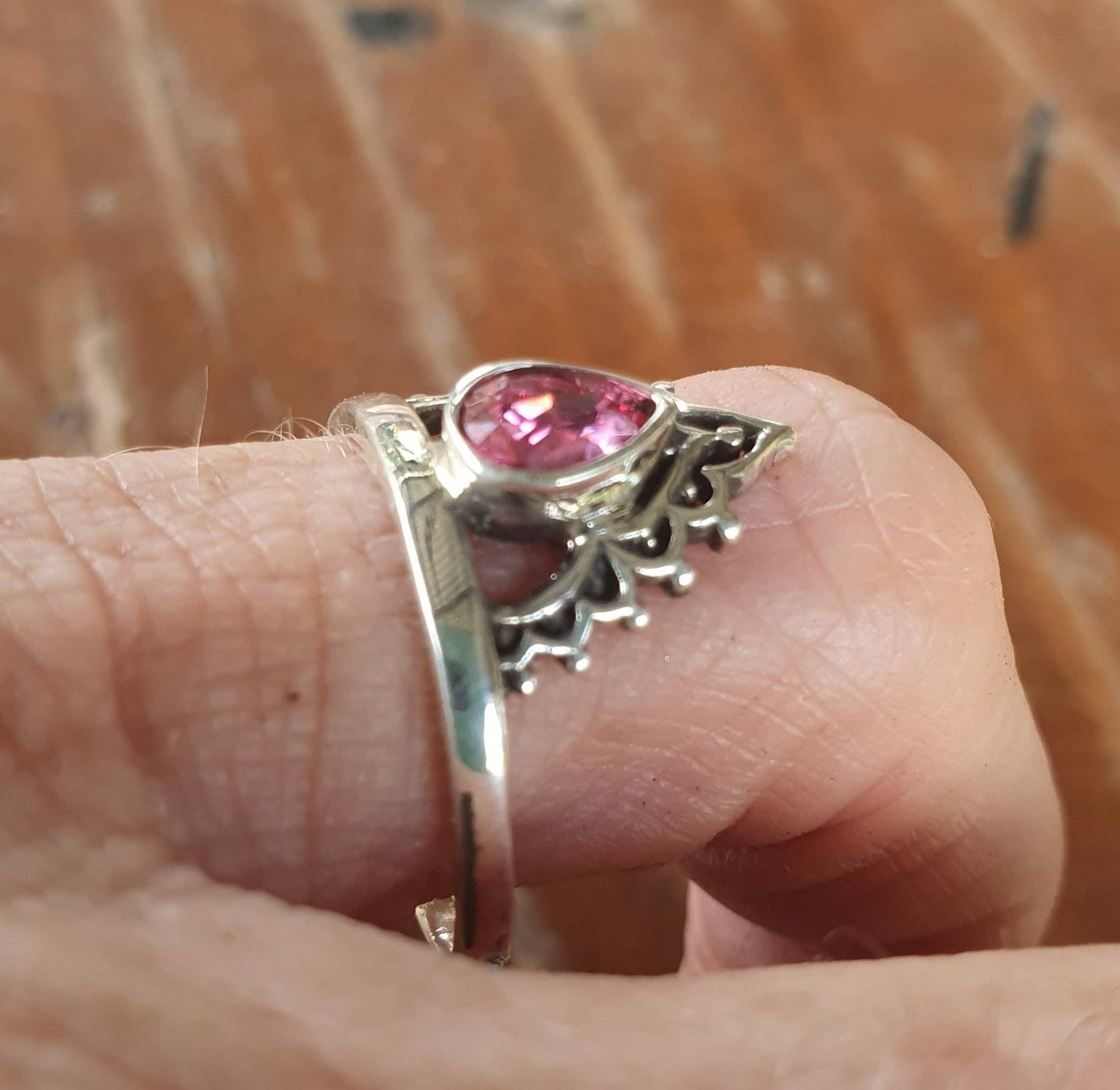 Filegree chevron ring,sterling silver,swarovski crystal,long dainty lace design,boho,handmade,gypsy,goddess