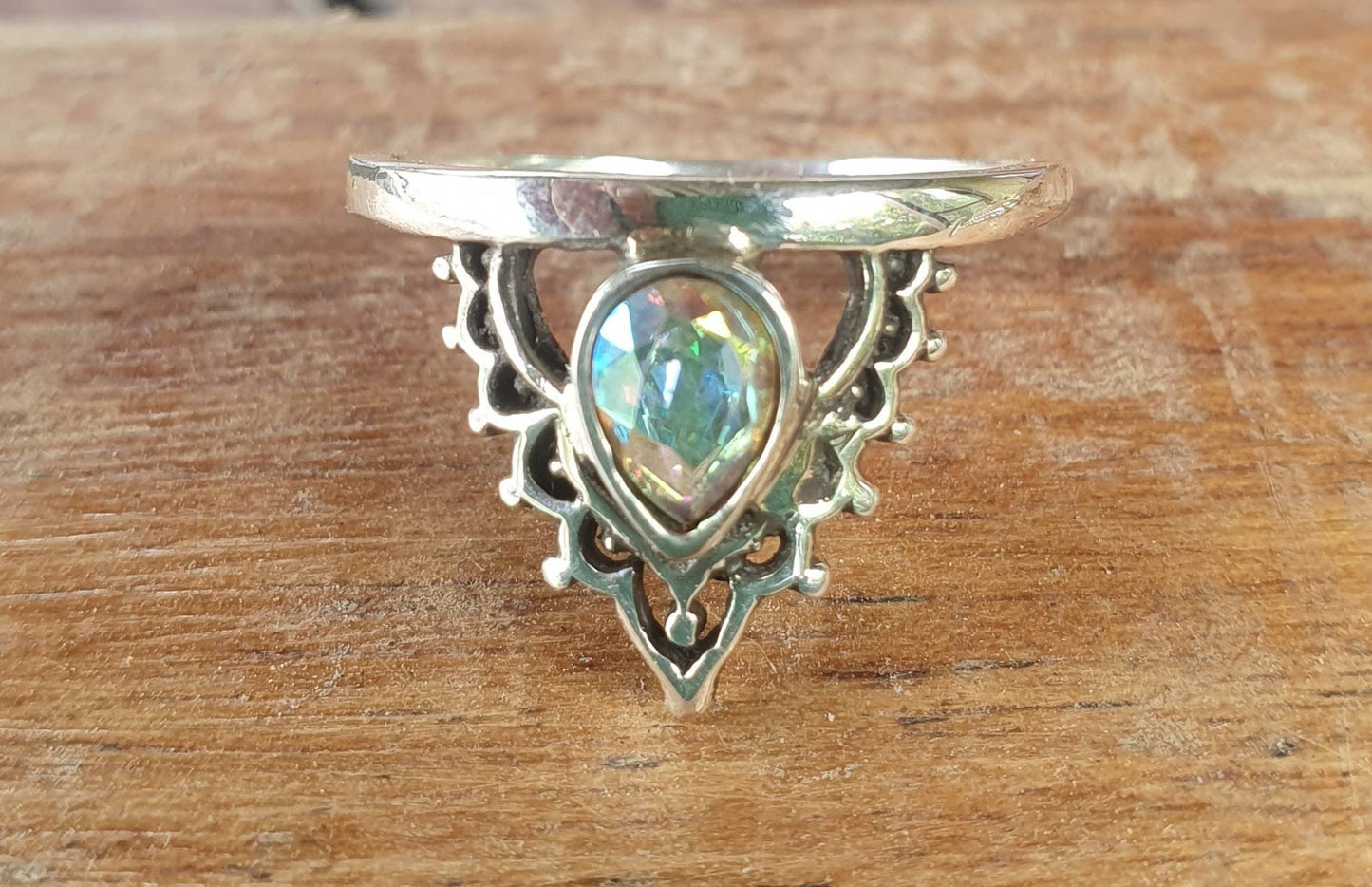 Filegree chevron ring,sterling silver,swarovski crystal,long dainty lace design,boho,handmade,gypsy,goddess