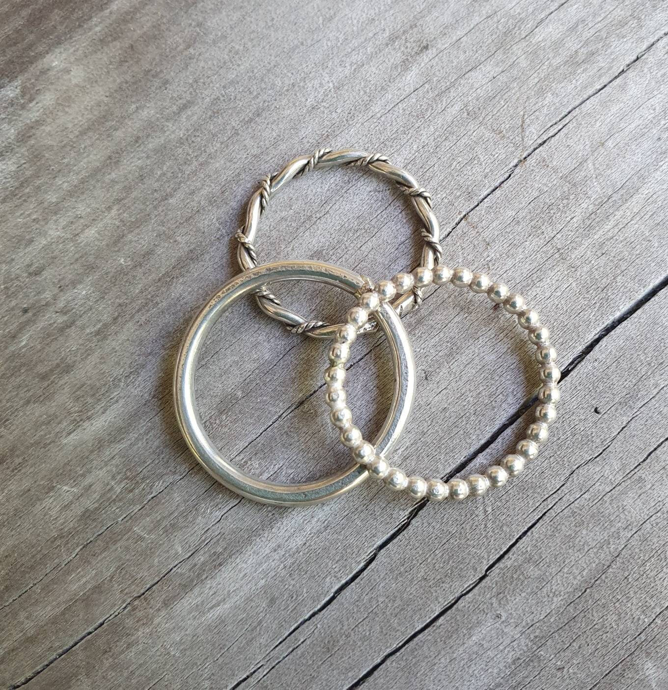stacker rings,3 x piece set,2mm bands,ball patterened,plain band, twisted wire and vintage scroll,woven silver ring